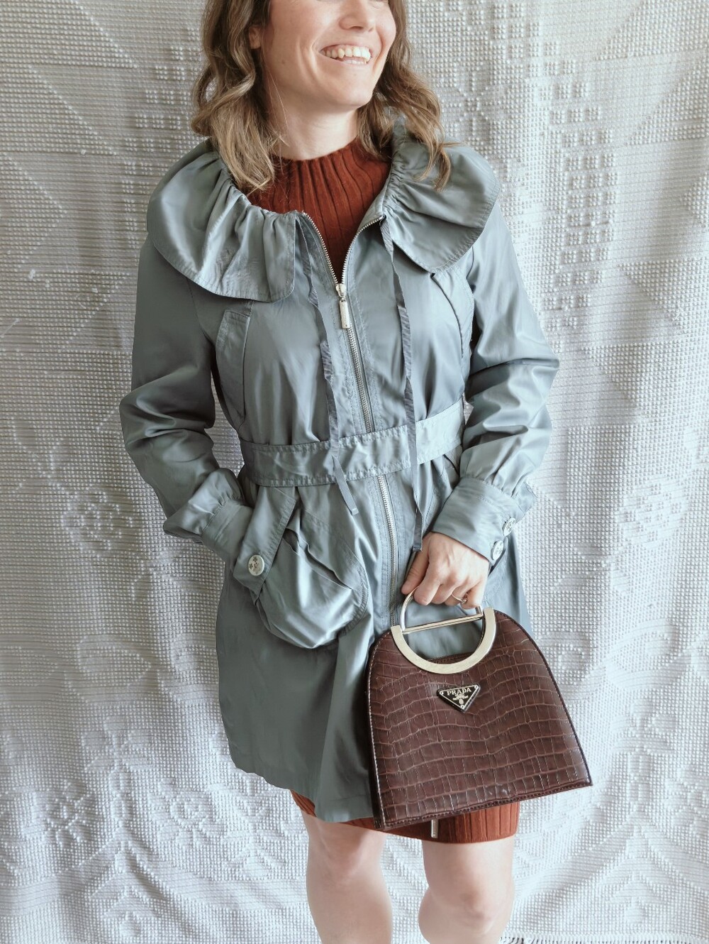 Vertigo Paris Sage Blue Dramatic Ruffle Collar Utility Trench Jacket | Size S